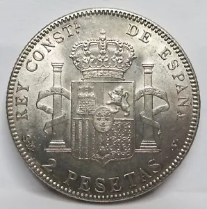 SPAGNA argento 2 pesetas 1905 (05) SMV AU UNC Re Alfonso pilastri corona leone #F71 - Foto 1 di 6