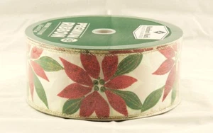 Red Sparkle Poinsettia on Ivory Satin Wide Wired Ribbon 50 Yards NEW christmas - Picture 1 of 2
