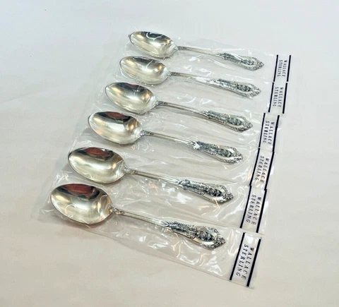 Wallace Rose Point Sterling Silver Teaspoons - 6" - Set of 6 - New in Package Cover