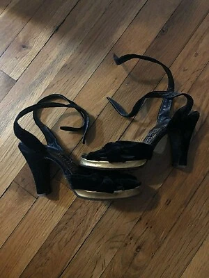 Tacones de plataforma vintage Seymour Troy Troylings años 40 terciopelo dorado punta abierta 5 6 Foto 1 de 4