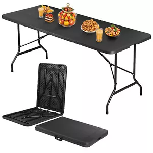 6 FT Folding Table, Portable Plastic Dining Table Fold-in-Half Heavy Duty Black - Picture 1 of 24