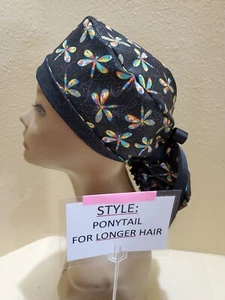 Dragonflies Colorful Glitter Women's Ponytail Surgical Scrub Hat/Cap Handmade - Picture 1 of 9