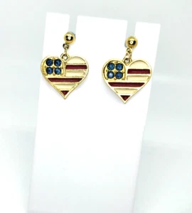 Vintage Avon Heart Flag Earrings Gold Tone Enamel Blue Rhinestones Dangle - Bild 1 von 6