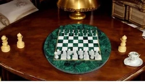 15" Round Malachite Chess Table Top Random Gemstone Elegant Chessboard Decors - Picture 1 of 8