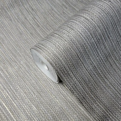 Modern Taupe gray bronze gold metallic plain faux grasscloth textured Wallpaper - Image 1 of 4