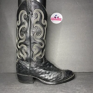 Tony Lama Ostrich Full Quill Exotic Cowboy Boots Black Vtg Men’s - Sz 7.5 EE - Picture 1 of 11