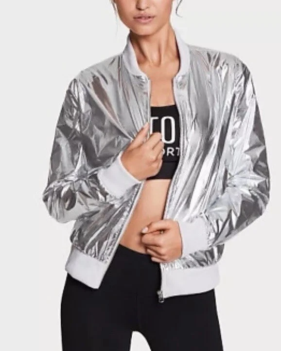  Chaqueta Bomber Deportiva Victoria's Secret Metálica Plateada M Foto 1 de 4