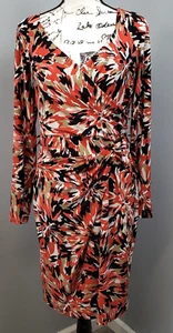 Anne Klein Sheath Dress Women 10 Multi Floral Ruched Long Sleeve V Neck Side Zip - Picture 1 of 10