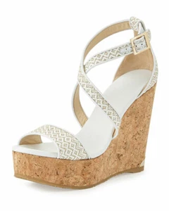 Jimmy Choo PORTIA White Tan Gold LOGO PLATE Cork Wedge Sandals 40 I LOVE SHOES - Picture 1 of 10