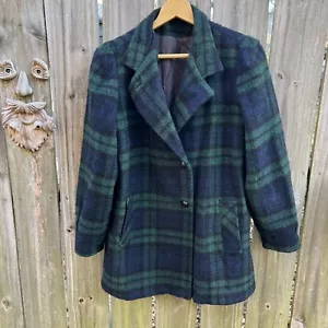 Vintage 80er Jahre Wolle schwarz Uhr Tartan karierter Mantel Jacke grün blau Damen 6 klein - Bild 1 von 12