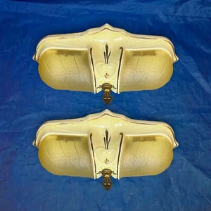 Pair of beautiful cream/golden ceramic flush mount slip shades 19G - Picture 1 of 5