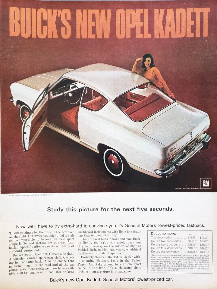 PRINT AD 1966 Buick Opel Kadett Fastback 2 Door White GM 10.5x13 Vtg - Image 1 of 1