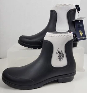US Polo Association Veena Black And White Rain Boots Sz 8 NEW! - Picture 1 of 5