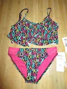 NEW* ROXY GIRLS 14 SWIMSUIT RUFFLE BIKINI 2 PC $46 Retail Black Multicolor - Picture 1 of 2
