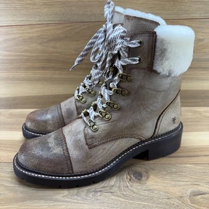 Frye Samantha Hiker Boots Womens 10 Chocolate Distressed Leather Shearling lug - Picture 1 of 11
