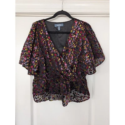 Blusa ModCloth Mystifying Musings Negra Terciopelo Punto Burnout Envoltura Peplum Plus 1X Foto 1 de 4