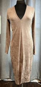HYFVE Taupe Faux Suede Long Sleeve Stretch Sheath Dress With Front Slit - L - Picture 1 of 6