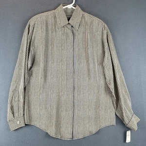 VTG Ellen Tracy 100% Silk Shirt Blouse Sz 6 NWT Beige Blue Striped Long Sleeve - Picture 1 of 11