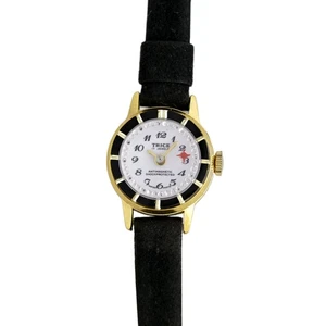 Trice goldfarben weißes Zifferblatt schwarze Lünette 17 Jewels schwarzes Armband Vintage Uhr - Bild 1 von 10