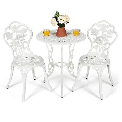 Costway 3PCS Cast Aluminum Patio Bistro Furniture Set Rose Design Outdoor White - Image 1 of 4