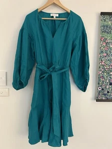 Witchery Linen Dress Womens 14 Teal Long Sleeve With Tie And Pockets - Picture 1 of 3