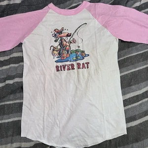 Vintage 80s River Rat 3/4 Sleeve T-Shirt M NOS Graphic Pink - Picture 1 of 6