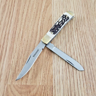 Navaja de bolsillo Winchester Trapper cuchillas de acero inoxidable mango de ciervo de imitación Foto 1 de 4