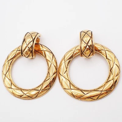 CHANEL Quilted Hoop Earrings Large Clip-On Gold GHW France Vintage 34KP108 - Image 1 of 4