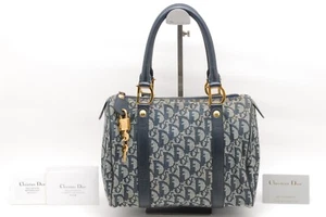 Christian Dior Mini Boston HandBag Trotter Gold Navy Canvas Authentic - Picture 1 of 10