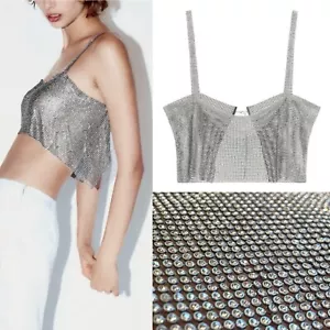 NWT ZARA RHINESTONE CROP TOP M Crystal Shirt Festival Silver Jewel Gem OPEN BACK - Foto 1 di 5