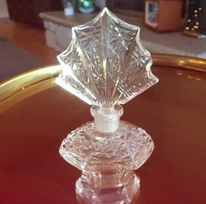 Juego de botella y tapón de perfume con base de cesta con abanico de cristal corte Art Nouveau raro - Imagen 1 de 11