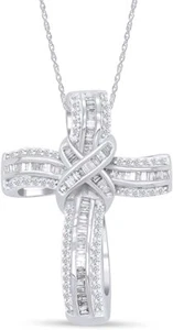 1ct Round & Taper Cut Natural Diamond Infinity Cross Pendant 18" Necklace Silver - Picture 1 of 15