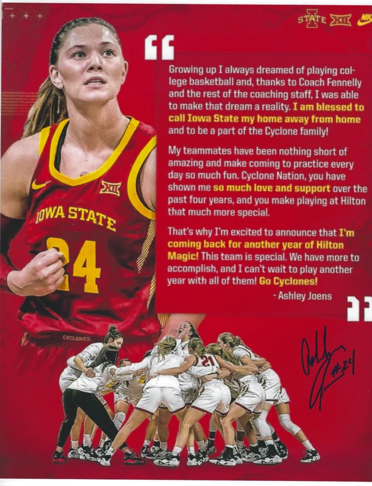 ASHLEY JOENS Signed 8.5 x 11 Photo IOWA STATE CYCLONES Women's Basketball WNBA - Image 1 of 1