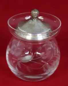 Antica ciotola in vetro cucchiaio senape zucchero argento sterling .925 servizio coperchio piccolo - Foto 1 di 21