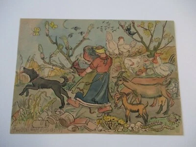 ANTIQUE WHIMISICAL PAINTING FARM LIFE WOMAN WORKING ANIMAL ABUNDANCE 1930'S MOD - Image 1 of 4