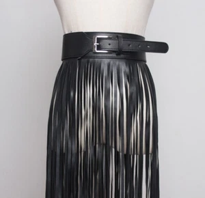 Women Faux Leather Waistband Long Fringe Tassle Skirt Belt Club Punk Dance Skirt - Picture 1 of 12