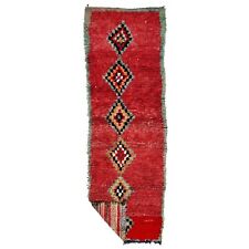 Moroccan Handmade Boujaad Rug 3x8'8 Berber Geometric Red Wool Area Nomad Carpet