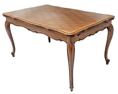 Mesa de comedor extensible vintage de roble francés de los años 30 - hoja de dibujo deslizable, parquet Foto 1 de 4