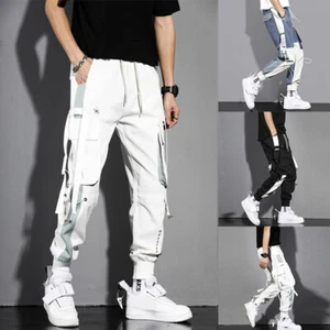 Men Pants Cargo High Waist Pants Trousers Joggers Big Pockets Pants Streetwear - Picture 1 of 16