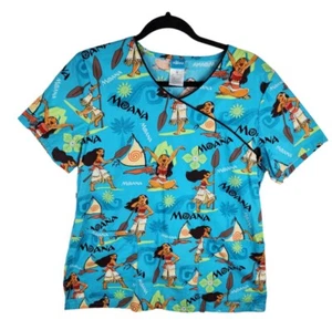 Disney Moana Blue Ocean Womens Medium Nurse Medical Scrubs Preschool Teacher Top - Picture 1 of 9