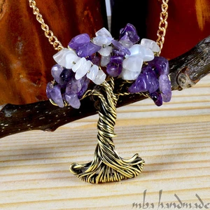 Jumbo Amethyst & Regenbogen Mondstein Lebensbaum Halskette Messingdraht umwickelt - Bild 1 von 3