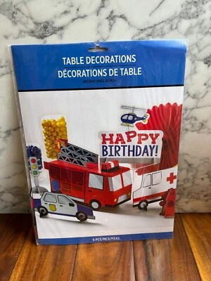 Nuevo 6 Piezas Feliz Cumpleaños Fiesta Mesa Decoraciones Camión de Bomberos Ambulancia Coche de Policía Foto 1 de 4