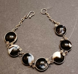 Vintage Handmade Black And White Marbled Art Glass Bracelet 7" Long