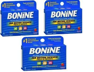 Comprimidos masticables Bonine for Motion Sickness frambuesa 8ct cada uno *Paquete de tres* - Imagen 1 de 1