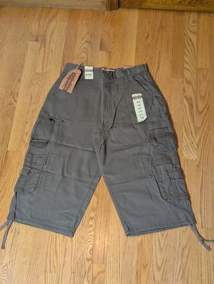 NWT Dark Khaki Extra Long Cargo Shorts Men's sz 34 W/ Drawstring Leg Opening Y2K - Image 1 of 4