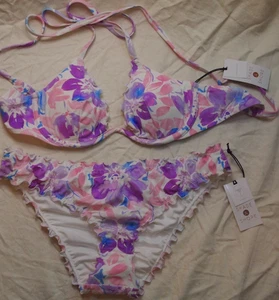 Shade & Shore Purple Floral Print Bikini Set Top & Cheeky Bottom Size M - Picture 1 of 6
