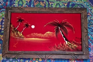 VTG 70's Tropical Scene Painted On RED Velvet 23" X 14" Framed - Picture 1 of 8