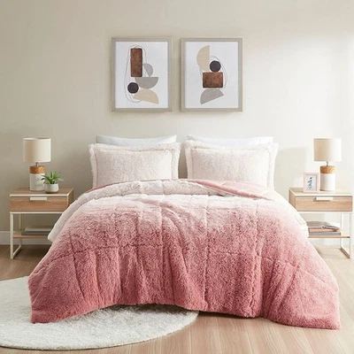 Intelligent Design Pink Ombre Shaggy Long Faux Fur Comforter Set King/Cal King - Image 1 of 3