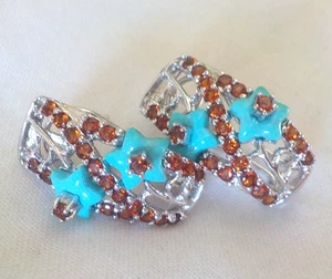 14k Weißgold geschnitzte Türkis Granat Ohrringe - 5,80 gms, 0,85 in, 1,06 ctw - Bild 1 von 11