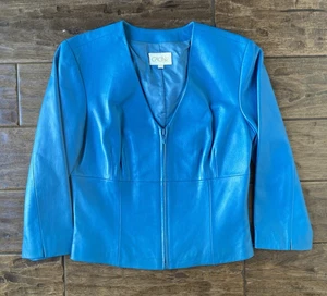 Giacca donna vera pelle blu cache vintage 6 zip scollo a V strutturata - Foto 1 di 10